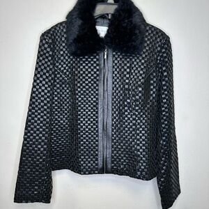 Black Woven leather Jacket with Fur Collar